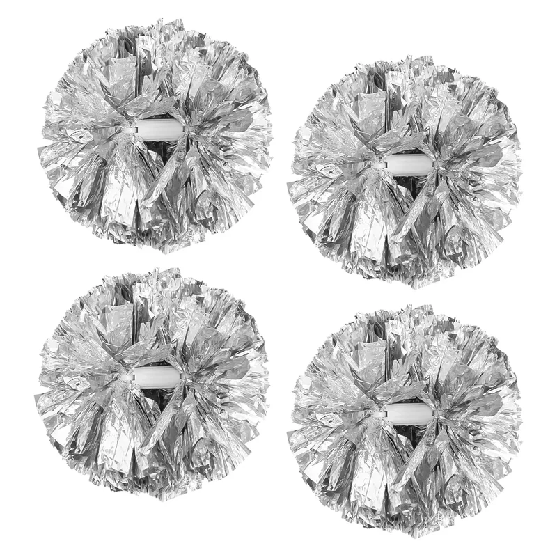 4Pcs Metallic Cheerleading Pom Poms, Creatiee 2 Pair Cheerleader Cheering Squad Pompoms for School Sports Dance Games Team Spirit Cheer (Silver)