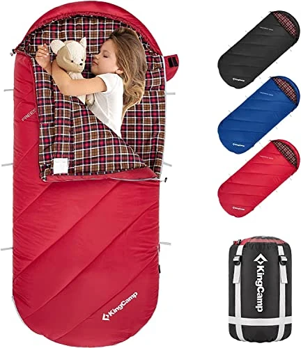KingCamp Adults Sleeping Bag for Kids Youth Boys Girls Compact Cotton Flannel Lined XXL Sleeping Bag for Camping Backpacking Hiking Summer Warm & Cold Weather, Indoor Outdoor Lightweight Waterproof