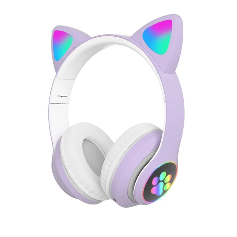 TOKANI Bluetooth Cat Ear Kids Headphones - Purple, Mic & LED Lights