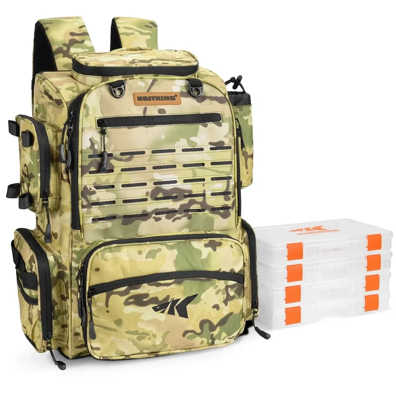KastKing Bait Boss Fishing Tackle Backpack with Rod Holders-4 Tackle Boxes-Rain Cover,43L Large Storage for Fishing Gear, Yellow Camouflage