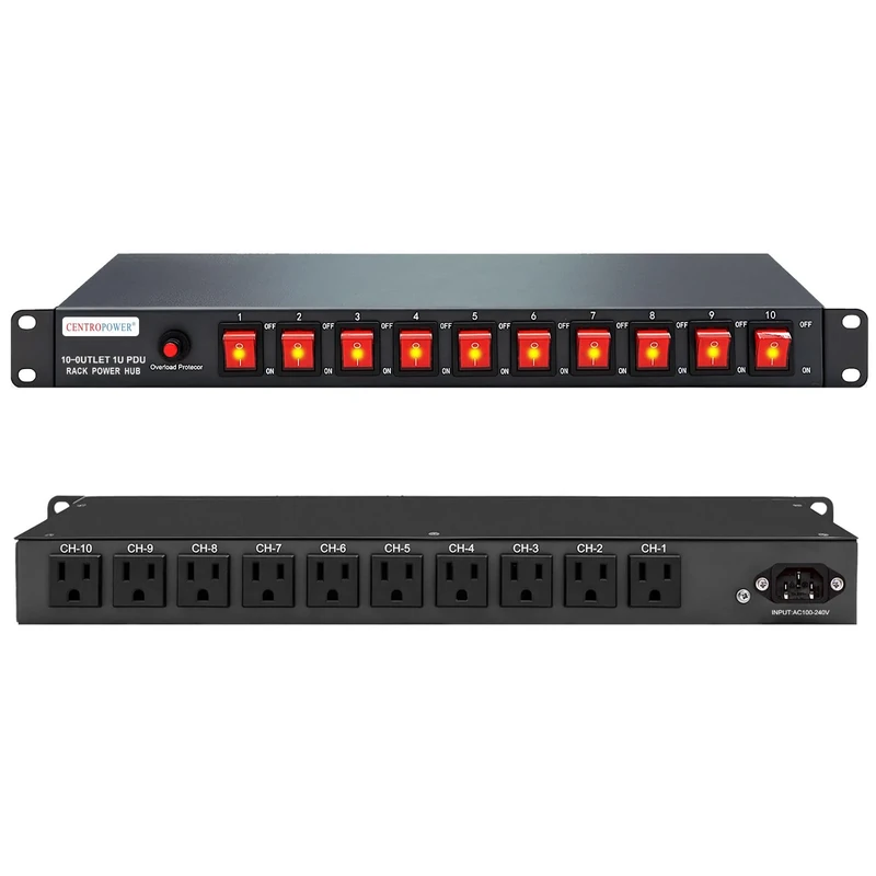 1U PDU Horizontal Rackmount Power Strip - Surge Protector 10 NEMA 5-15R Outlet 100V-240V/15A 1800 Joules, 10 Independent LED Switches, w/6 ft Cord, for Network Server, ETL Listed, by CENTROPOWER