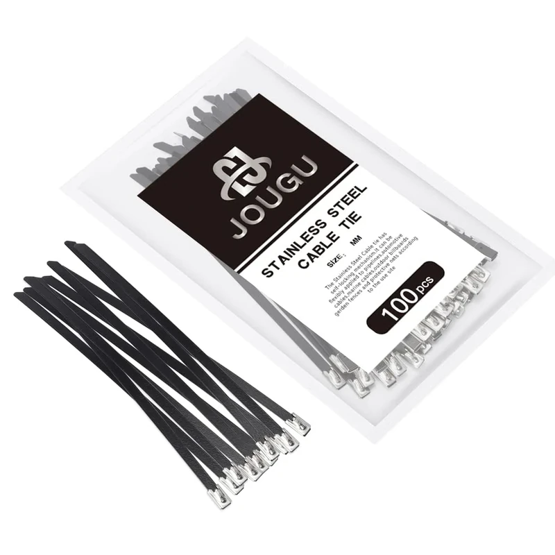 Metal Zip Ties Black 8 inch 304 Stainless Steel Epoxy Coated Locking Cable 220LB 200mm 100pcs Heavy Duty Exhaust Wrap Multi Purpose Binding for machinery, vehicles, farms, cables, pipes,Fence