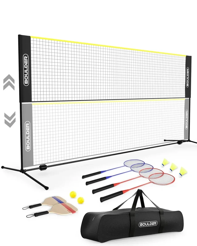 Boulder Sports All-in-One Pickleball & Badminton Set - Portable, Adjustable Net with Paddles & Rackets