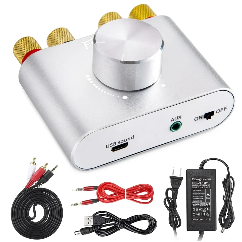 Facmogu F900S 160W Bluetooth 5.0 Mini Amplifier, 80Wx2 2.0CH Audio Power Amplifier, Hi-Fi Stereo Sound Digital Amp Wireless Speaker Amp Receiver w/AUX/USB/BT Input & 12V 5A Power Adapter - Silver