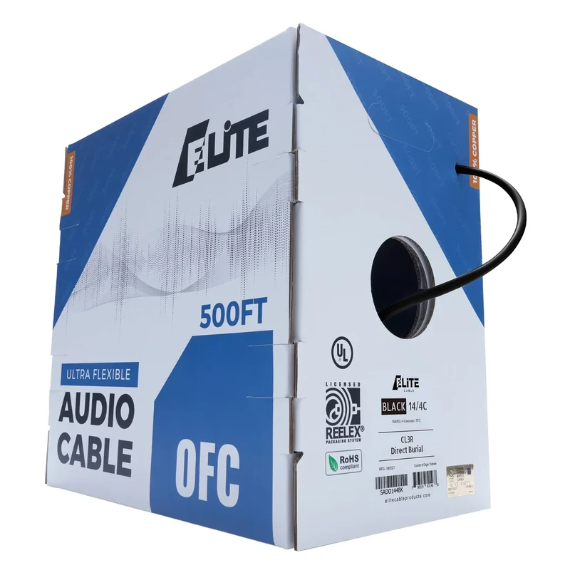 Elite 14/4 Speaker Wire, 14AWG/4-Conductor, UL Listed, CMR/CL3R, (Riser/in-Wall & Outdoor/In-Ground (Direct Burial)- 100% Oxygen Free Pure Bare Copper (OFC), 500ft Bulk Cable (105 Strands) Black