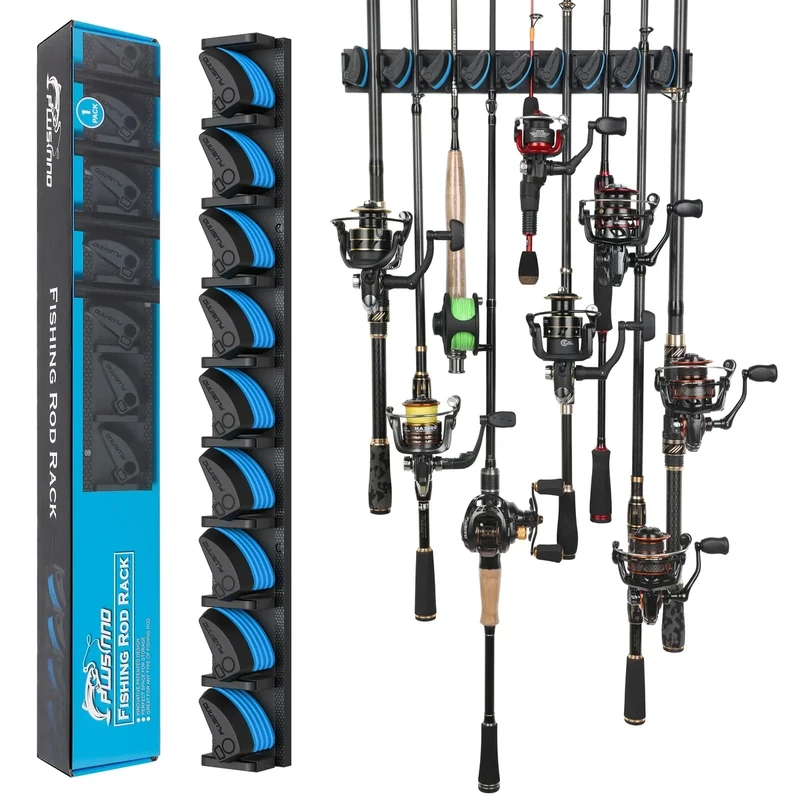 PLUSINNO Vertical Fishing Rod Holder, Wall Mounted Fishing Rod Rack, Fishing Pole Holder Holds Up to 9 Rods or Combos, Fishing Rod Holders for Garage, Fishing Gear and Gifts for Men