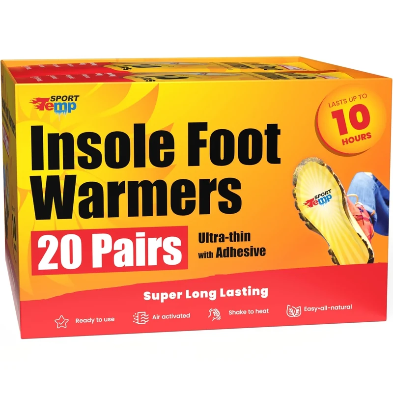 Insole Foot Warmers (20 Pairs) - Up to 10 Hours of Heat, Easily Apply with Adhesive - Ultra Thin, Easy, All Natural - Air Activated, Odorless Hot Insole Warmers - Sport Temp