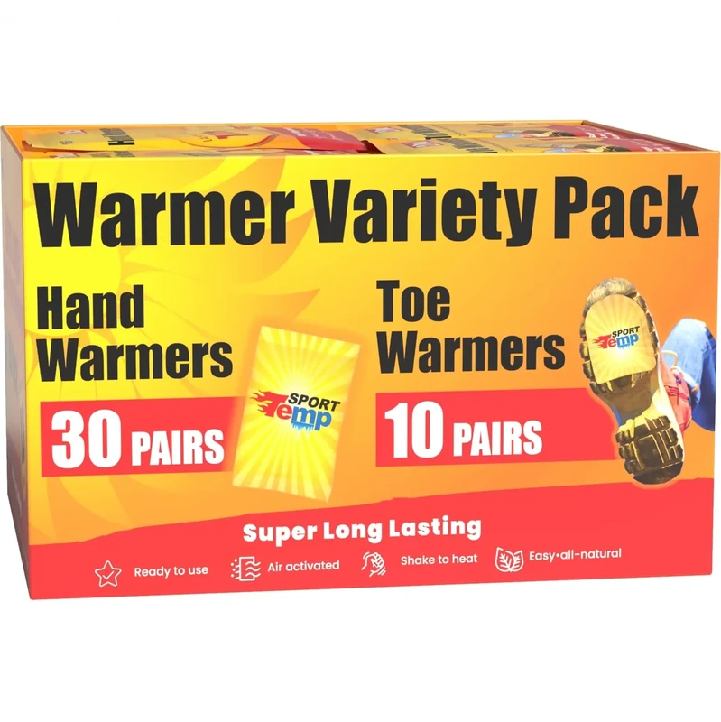 Hand & Toe Warmers - Variety Pack, 30 Pairs Hand Warmers, 10 Pairs Toe Warmers With Adhesive - Safe, Easy, All Natural - Air Activated, Body, Hands & Toes -Odorless Hot Hand & Toe Warmer - Sport Temp