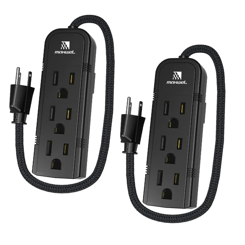 2Pack Small Power Strip Black Outlet - 1FT Heavy Duty Power Extension Cord, Mini Size Portable 3 Outlet Power Strip for Office,Computer,Home Accessories,Travel,ETL Listed (13a/125v/60hz/1625w)