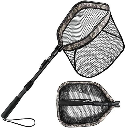 PLUSINNO Floating Fishing Net for Steelhead, Salmon, Fly, Kayak, Catfish, Bass, Trout Fishing, Rubber Coated Foldable Landing Net with Fixed or Telescoping Pole Handle, Fishing Gear and Gifts for Men