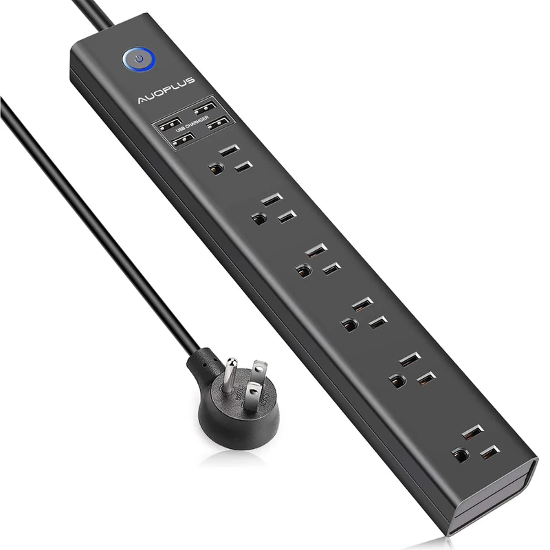 AUOPLUS 15ft Power Strip - 6 Wide Outlets, 4 USB, Flat Plug, Overload