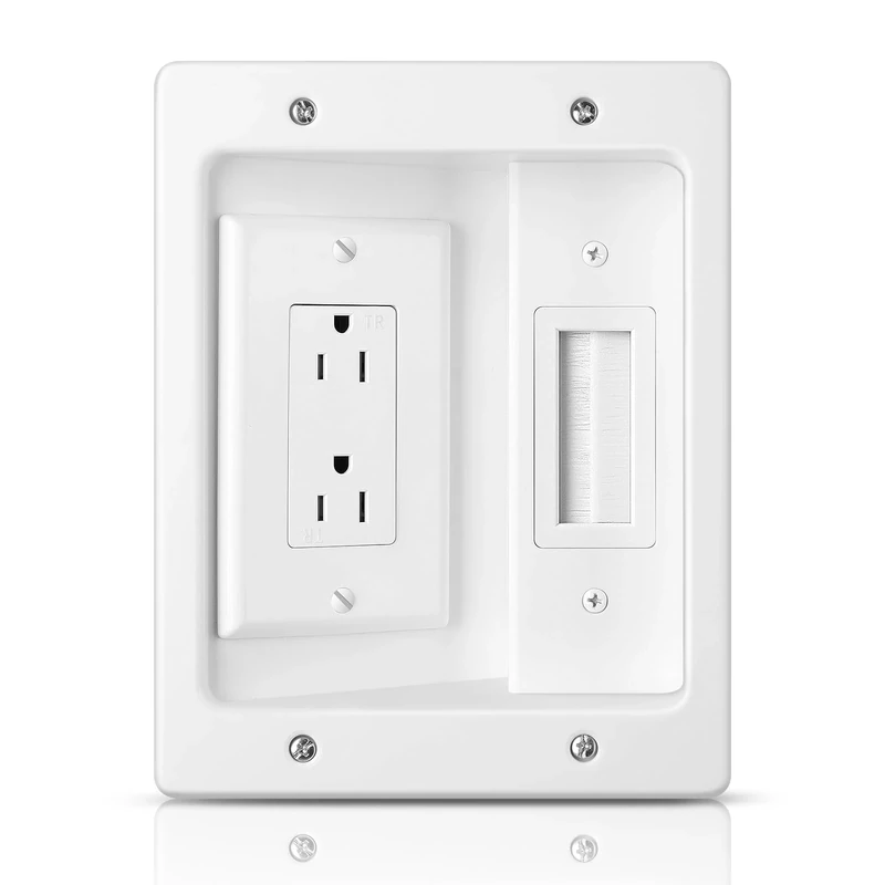 Wall Cable Concealer Kit, in Wall Cable Management Kit for TV, Recessed Outlet with Cable Management Box, in Wall Power Kit Hides TV Cords and Cables, Fits All Plugs, White