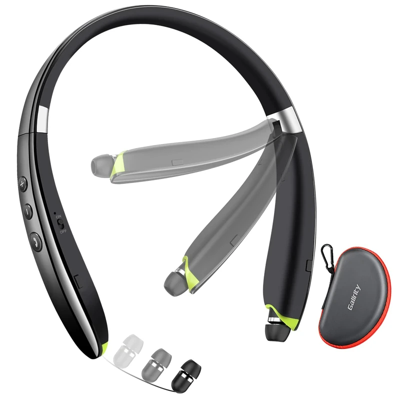 Bluetooth Headset, 2025 Upgraded Neckband Bluetooth Headphones with Retractable Earbuds, Noise Cancelling Stereo Earphones with Mic, Foldable Wireless Headphones for Sports Office with Carry Case