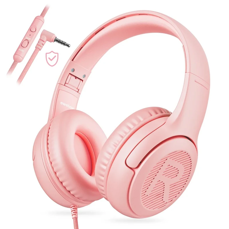 awatrue Kids Headphones with Mic - Foldable, Volume Safe, Pink On-Ear