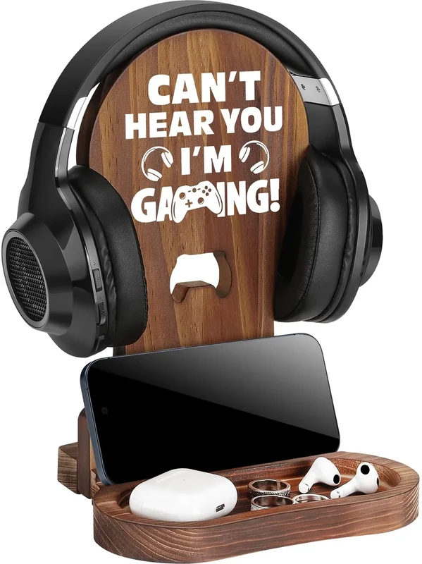 Slothoem Wooden Headset Stand 'Can't Hear You I'm Gaming' - Gamer Gift