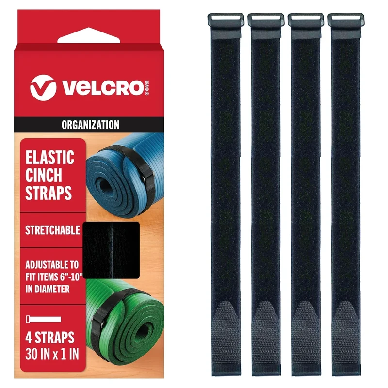 VELCRO Brand 30 Inch Elastic Straps 4 Pack, Use as Yoga Mat Straps, Fasten Outdoor Umbrellas, Wood, Tarps, Blankets, Poles and More, Stretchable and Adjustable for a Snug Fit