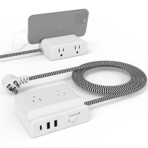 Fosmon Flat Plug Power Strip, Extension Cord with 4 Outlets 3 USB Ports, Mini Desktop Power Strip 5ft, Multi-Port USB Charger with Phone Stand for Travel, Home, Dorm, Office Essentials, ETL Listed
