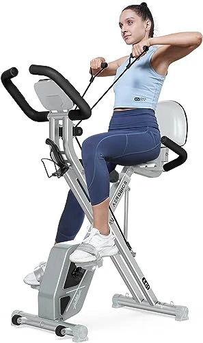 pooboo 22-X81905-04 Fitness Bike, Foldable, Silent, Exercise Bike, Magnetic, 8 Adjustable Levels, Comfort Bike, Heart Rate Measurement, Backrest & Japanese Instruction Manual Included, Dumbbells & Arm Resistance Bands Included