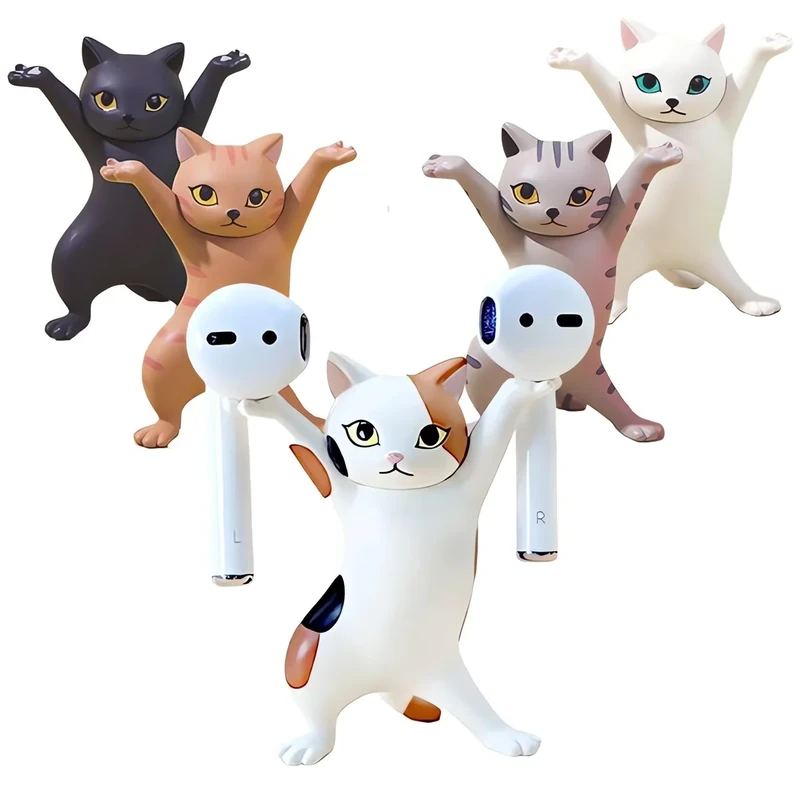 ATHAND 5 Pcs Cat AirPod Holder Stand - Dancing Anime Cat Desk Decor - Image 1