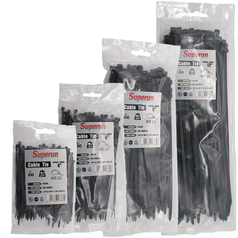 Superun 400 Packs Black Zip Ties Assorted Sizes 4+6+8+12 Inch Wire Ties, Heavy Duty Cable Ties Set - Zipties Variety Pack