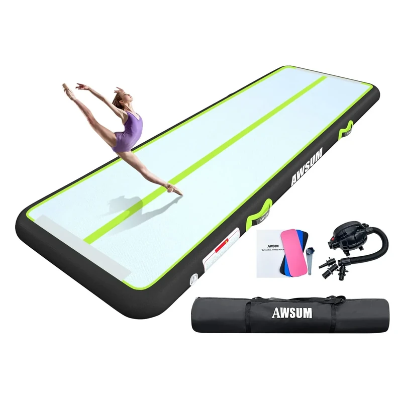 AWSUM 10ft/13ft/16ft/20ft/23ft Air Mat Tumbling Track 4/8 inches Thick Inflatable Training mat Gymnastics Mat with Electric Pump for Home/Gym/Outdoor 3 * 1 * 0.1M Green