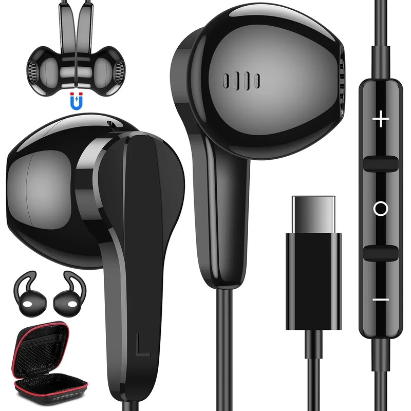 ASKUBSKU USB-C HiFi Stereo Earbuds with Mic - Volume & Magnetic In-Ear