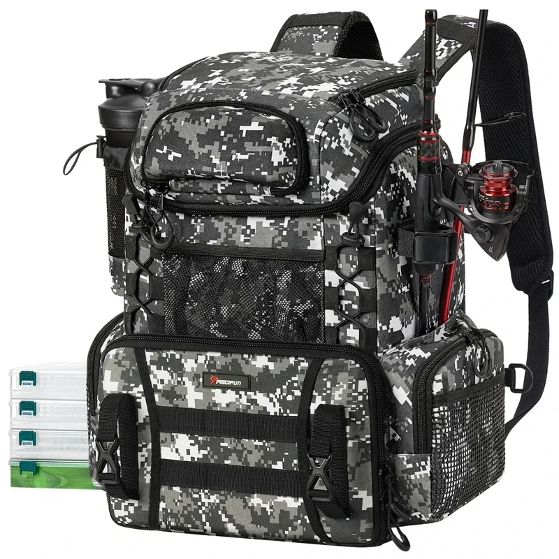 Piscifun Fishing Tackle Backpack with Rod Holders & 4 Tackle Boxes, Outdoor Fishing Bag with Waterproof Rain Cover Camouflage