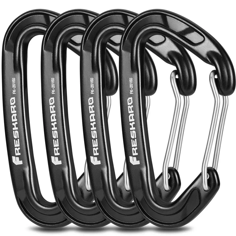 FresKaro 15kN Heavy Duty Wiregate Carabiners Clips, Wire Gate Spring Snap Quick Draws, for Camping Hiking, Hammocks, Aluminium Caribeaners for Backpacking and Dog Leash, 4Pack, Black, Medium Size