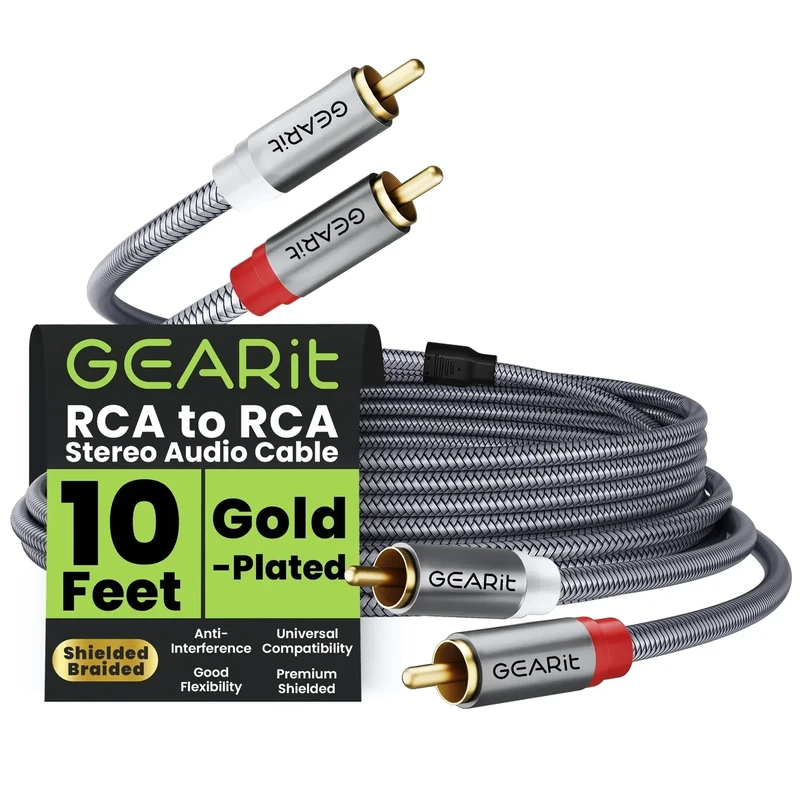 GEARit 10ft Braided RCA Cable - 2RCA Male to Male Stereo Audio