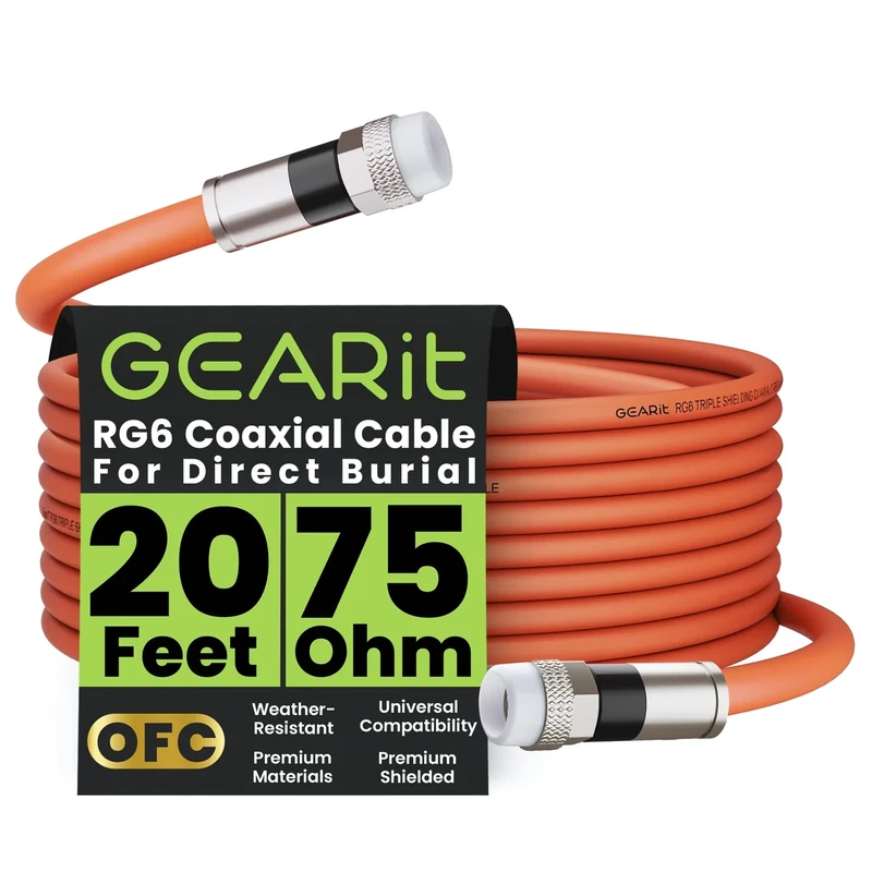 GEARit Coaxial Cable for Direct Burial (20ft) RG6 70 Ohm RF Waterproof Underground in-Wall with Rubber Boot, High-Speed Internet, Broadband, Digital TV Aerial, Satellite 20 Feet
