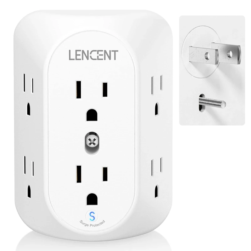LENCENT 2-Prong to 3-Prong Surge Protector - 6 Wide-Spaced Outlets