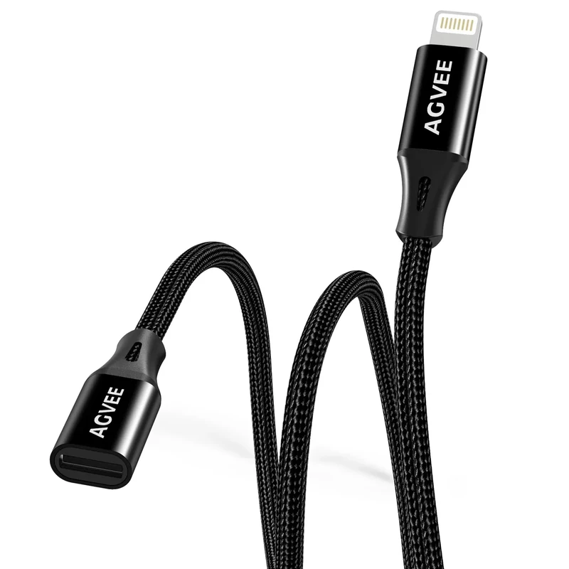 AGVEE [6.6ft Lightning Extension Cable Braided Female to Male Extender Cord for iPhone iPad Charger, Data Sync Video Audio & Charging Connector Adapter, Black