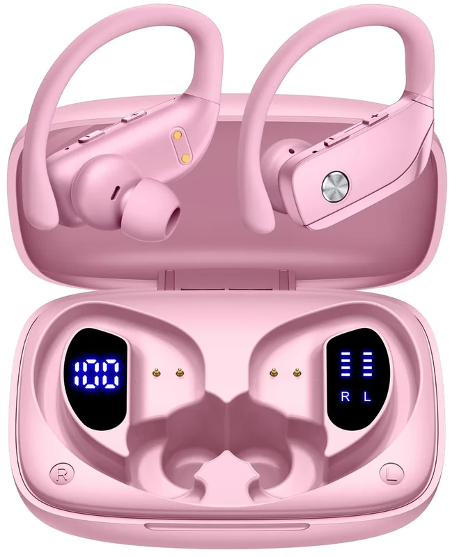 bmanl Wireless Earbuds - 80H Playtime, LED Display, Dual Mic, Pink