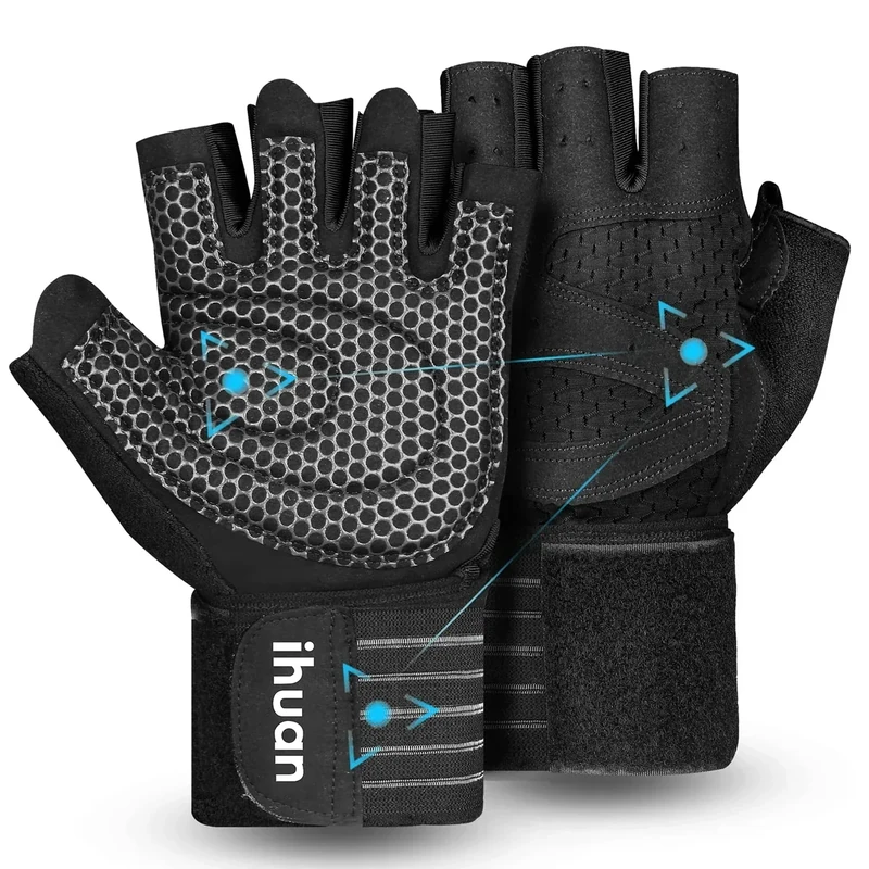 ihuan Ventilated Weight Lifting Gym Workout Gloves with Wrist Wrap Support for Men & Women, Full Palm Protection, for Weightlifting, Training, Fitness, Hanging, Pull ups - Image 1