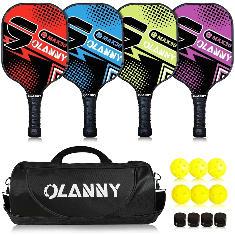 OLANNY Pickleball Paddles Set of 4 Pickleball Rackets Graphite Pickleball Set Polymer Honeycomb CoreLightweight Pickleball Set Includes 4 Pickleball Paddles + 4 Balls + 1 Pickleball Bag
