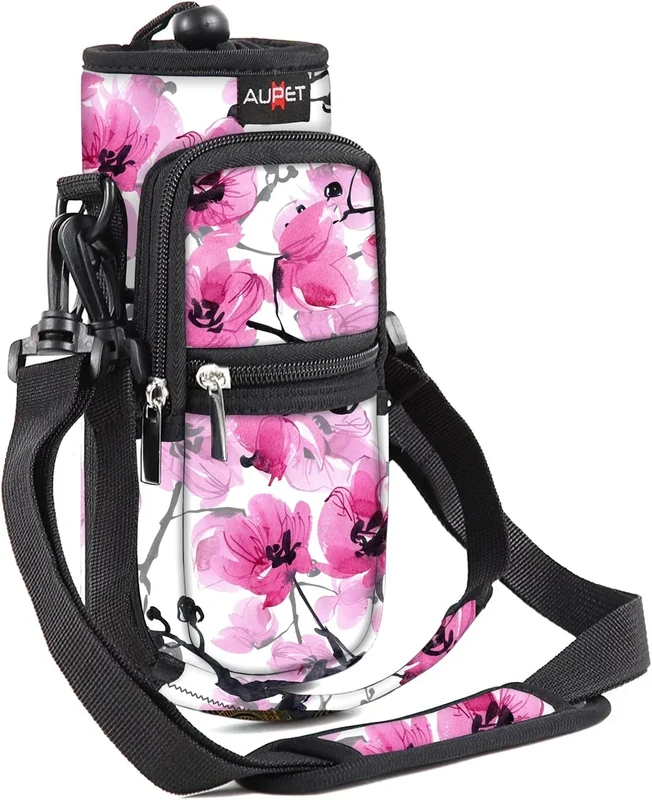 AUPET Water Bottle Sling Bag Sleeve Holder Carrier 25/32/40/64 oz,Insulated Crossbody Water Bottle Case Cover with Strap and Pockets for Men/Women Walking Hiking Camping (40oz, pink flower)