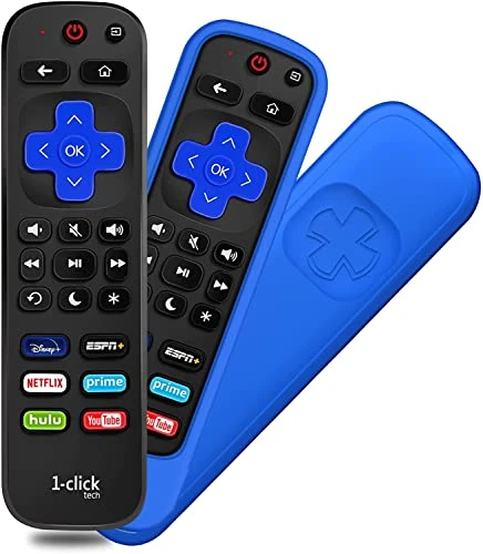 [w/Cover] 1-clicktech forRoku TV Remote Control - Hisense-TCL- Sharp-ONN-Hitachi-Element-Westinghouse-LG-Sanyo-Magnavox Built-in Roku TVNOT for Stick(Remote + Blue Cover)