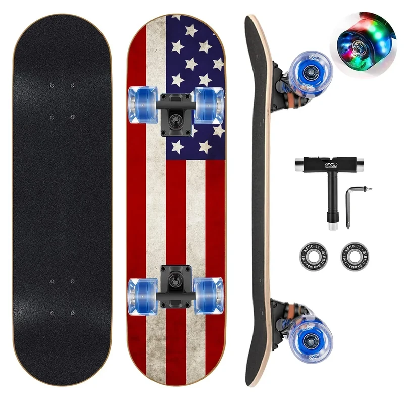 GIEEU Skateboards with Colorful Flashing Wheels for Beginners,Kids,Teens,Adults, Complete Standard Skate Boards 9 Layer Canadian Maple Deck Concave Skateboard (3-Flag)