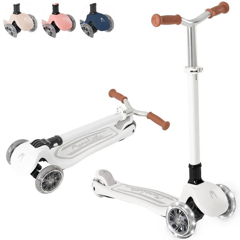 MomnLittle Kick Scooter for Kids Ages 3-10 (White) 3 Wheeled with LED Light-Up Wheels CPSC Certified Foldable and 4 Height Adjustable Toddler Scooters for Boys Girls