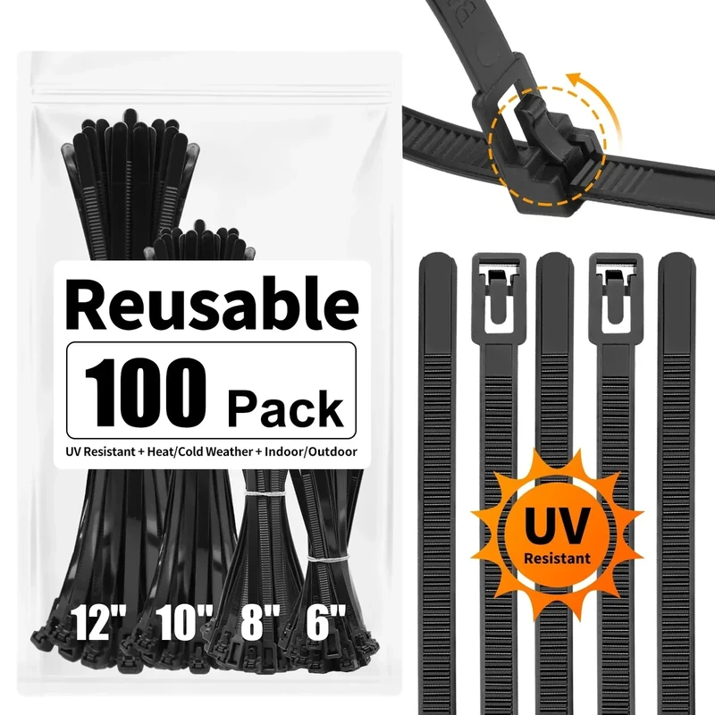 SOOOEC 100 Pack Reusable Zip Ties - 6-12in UV Resistant Heavy Duty