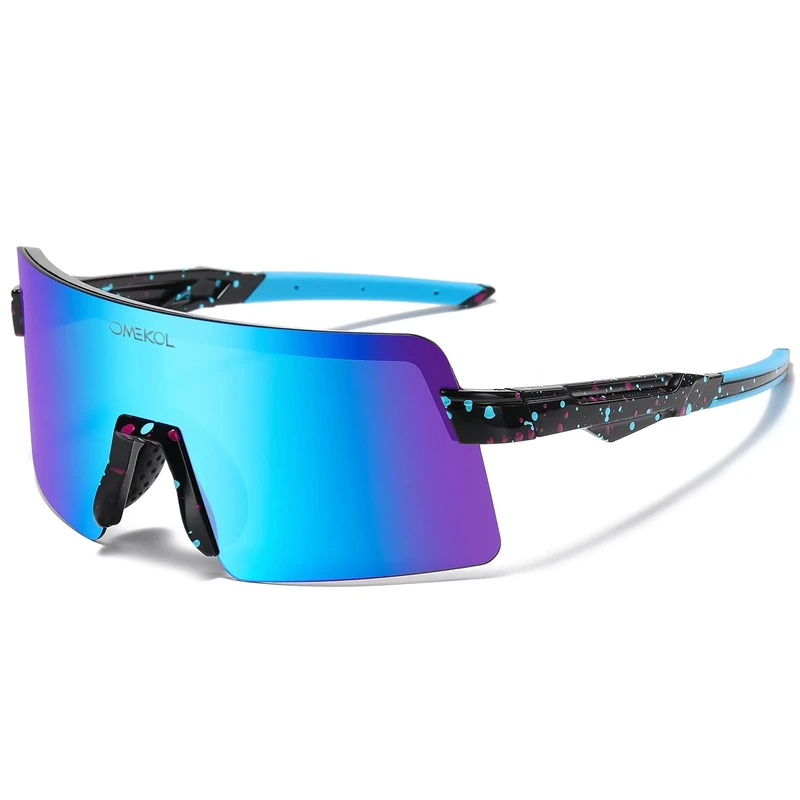 OMEKOL Polarized Sports Sunglasses Cycling Glasses UV400 Mountain Bike Goggles MTB Riding Bicycle Eyewear Men Women Baseball Running Fishing Golf Outdoor - Black Frame with Purple Blue Dots/Blue Lens