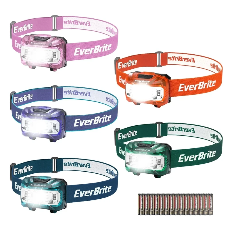 EverBrite Headlamp, 5 Pack Kids Headlamp with Red Light and Memory Function, Head Lamp for Adults and Kids with 5 Modes, Bright Headlamps for Camping, Running, Christmas Gifts, Batteries Included