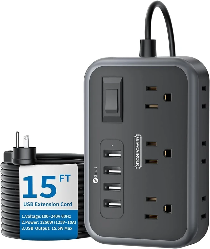 NTONPOWER 6 Widely Spaced Outlet(2 Side) Power Strip with 4 USB Ports, Extension Cord 15 Ft