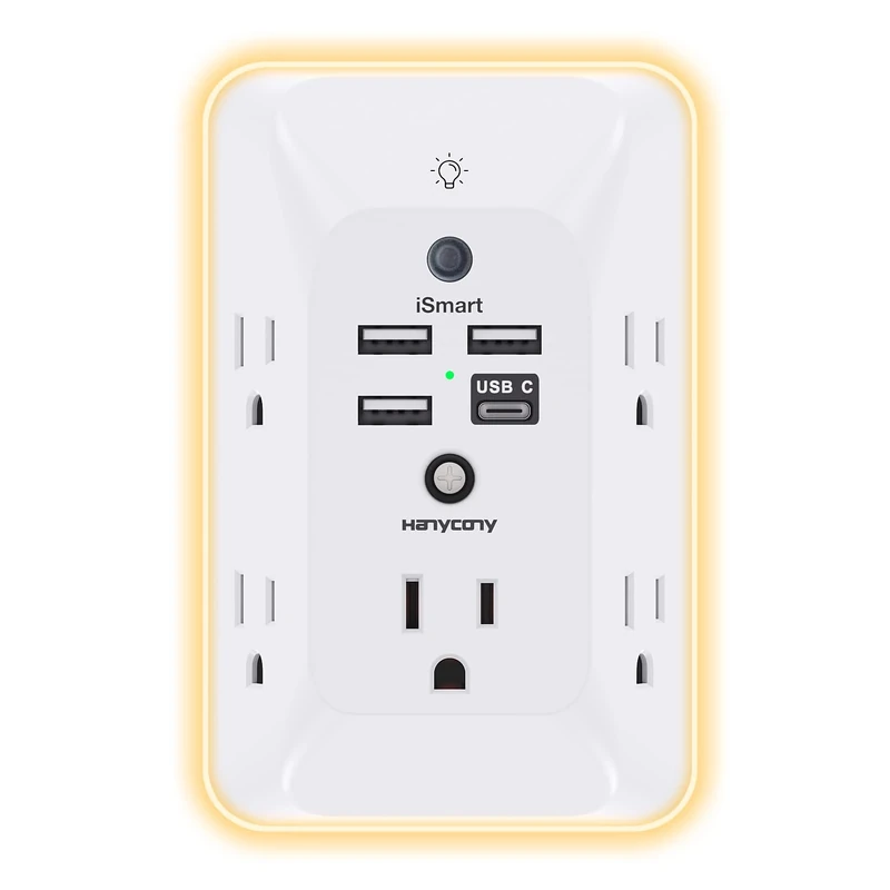 HANYCONY 10-in-1 Outlet Extender with Night Light - 4 USB + USB-C Surge