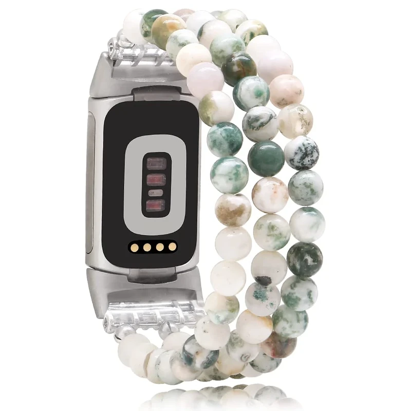 C&L Accessories Compatible with Fitbit Charge 5/Charge 6 Bands, Natural Gemstone Beaded Handmade Adjustable Bracelet Replacement Bands for Women (Vertical Agate)