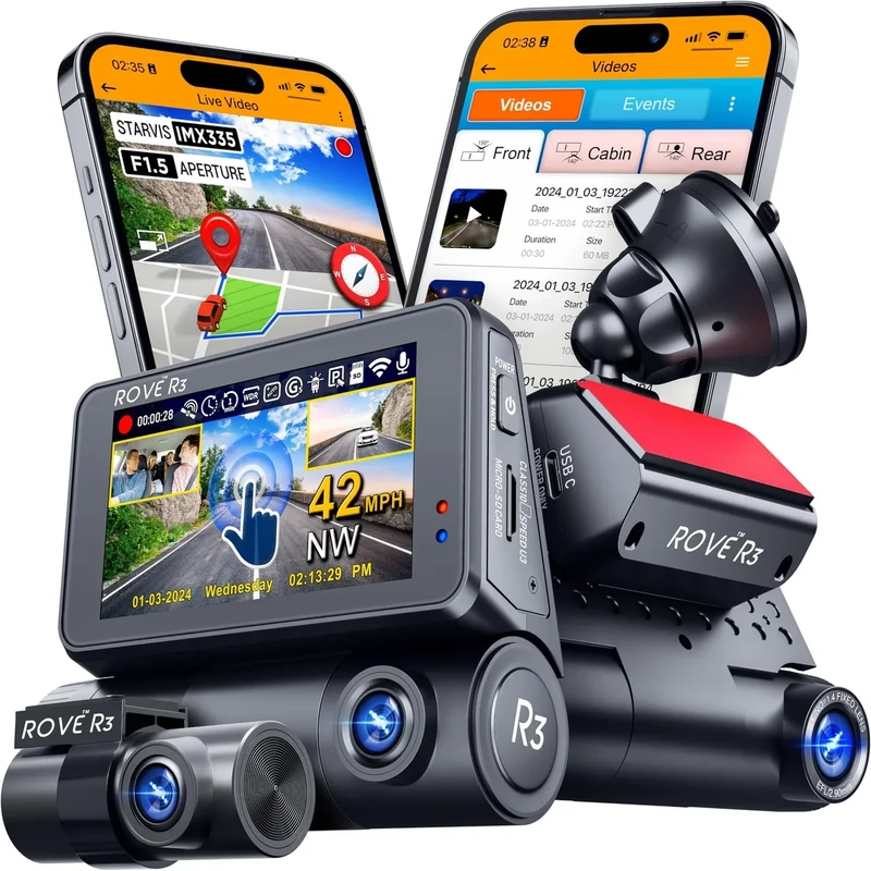 ROVE R3 Dash Cam Front & Rear 1440P 1080P 3" IPS Touchscreen WiFi