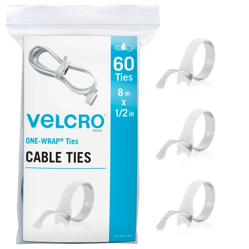 VELCRO Brand Heavy Duty White Cable Ties - 60pcs 8in Reusable Straps