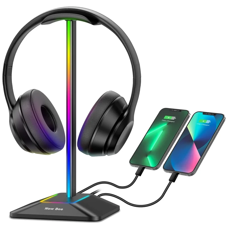 New Bee RGB Headphone Stand- USB-C & USB Ports, 7 Light Modes (Black)