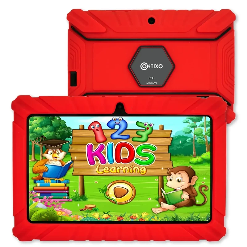 Contixo V8 7" Kids Tablet - 32GB Storage, Pre-Loaded Exclusive 50 Disney Storybooks (Value $200), Android, Parental Controls, Durable Kid-Proof Case - Red