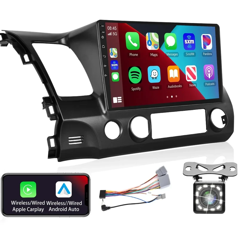 Podofo Radio for Honda Civic 2006 2007 2008 2009 2010 2011 Car Stereo with Wireless CarPlay Android Auto,10.1 Inch 1080P Touch ScreenBuilt-in DSP EQ GPS Chip Bluetooth RDS FM WiFi Camera 2G+64G